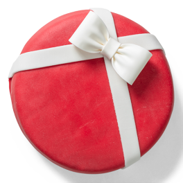 Marsepein cadeautaart in rood met witte strik, personaliseerbaar met foto of logo