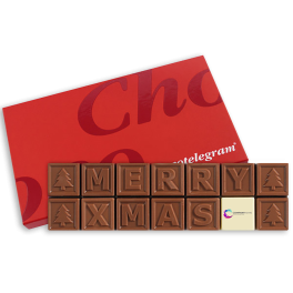 Chocolade Telegram Merry Christmas van Belgische chocolade, luxe rode verpakking en personaliseerbaar met logo.