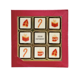 onbons Sint in rode geschenkdoos, 9 stuks Belgische chocolade met Sinterklaasdecoratie en logo-optie