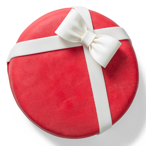 Marsepein cadeautaart in rood met witte strik, personaliseerbaar met foto of logo
