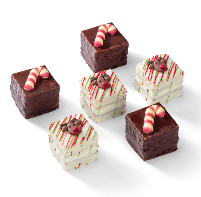 Petit fours Merry Christmas met vanille en chocolade, kerstdecoratie van rendier en zuurstok, personaliseerbaar met afbeelding.