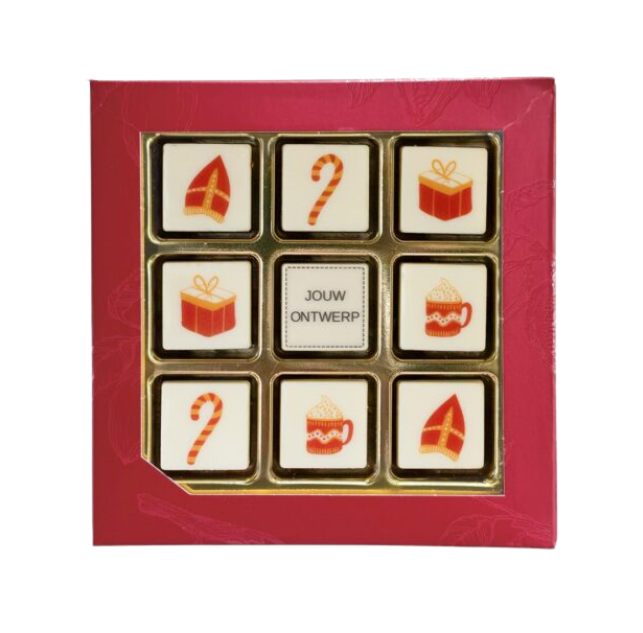 onbons Sint in rode geschenkdoos, 9 stuks Belgische chocolade met Sinterklaasdecoratie en logo-optie
