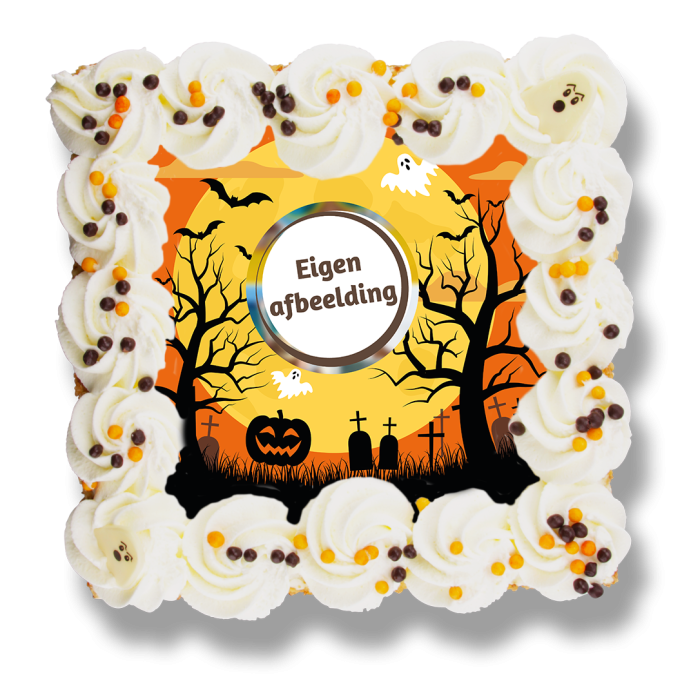 Slagroomtaart Halloween met roomgebak, toefjes slagroom, gekleurde strooisels en griezelige decoratie