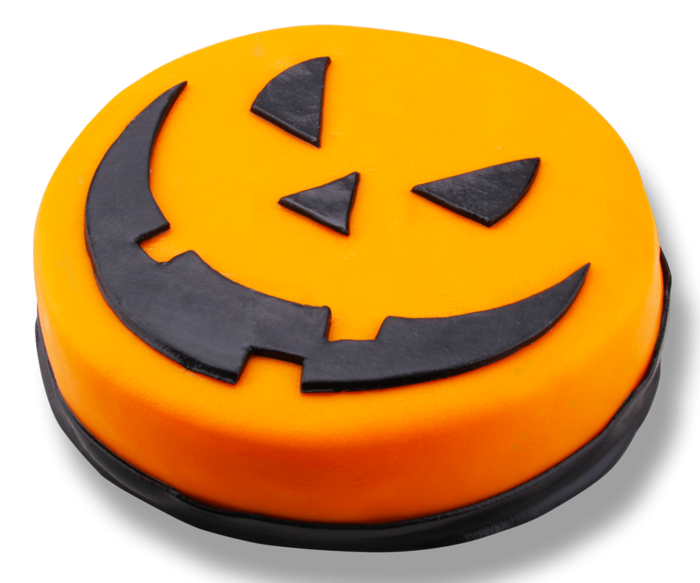 Halloween marsepeintaart met oranje marsepeinlaag, zwart pompoengezicht en vrolijk ontwerp